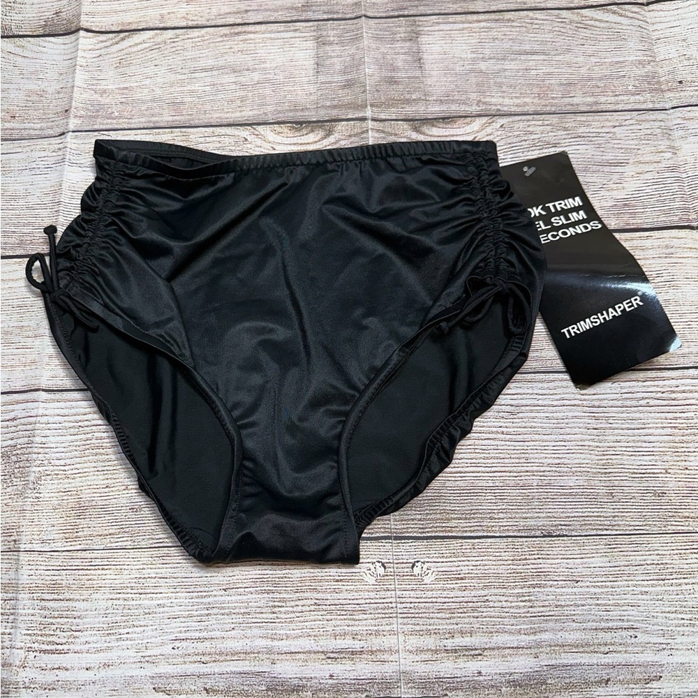 NWT TRIMSHAPER Black Scrunched Sides High Waist Tummy Control Bottoms Size 10